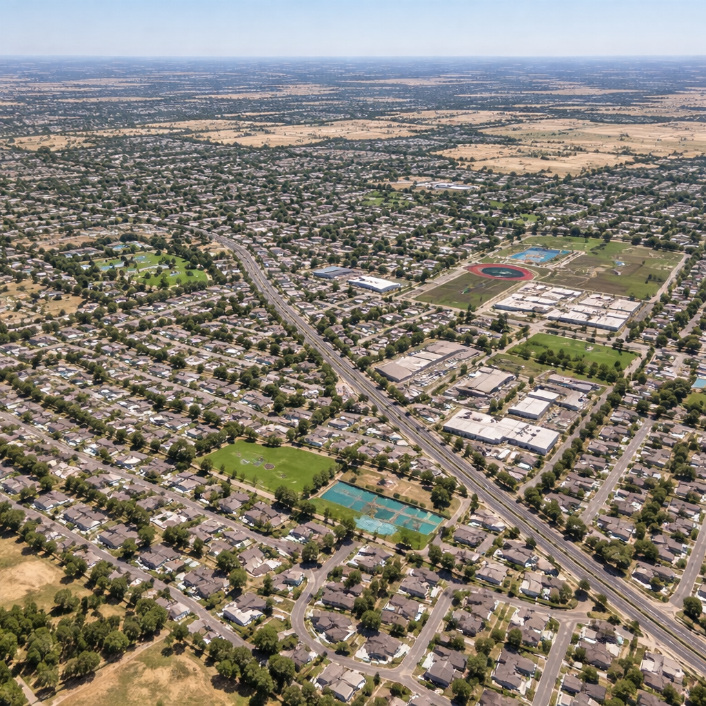 Bird’s eye aerial view of Antelope, California showing residential neighborhoods, parks, schools, and surrounding Sacramento County landscape.