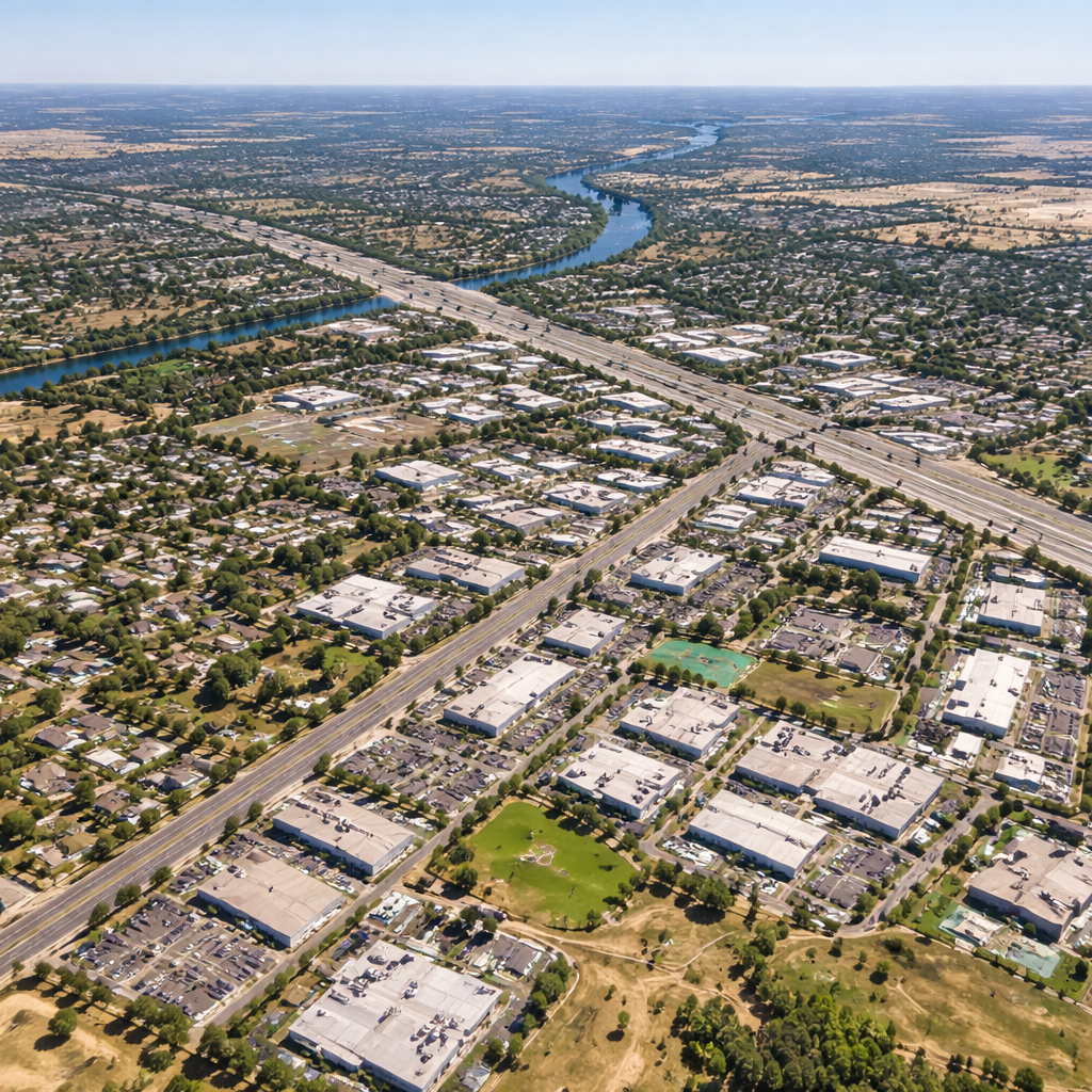 Bird’s eye aerial view of Rancho Cordova, California showing Highway 50, the American River, commercial districts, and residential neighborhoods.