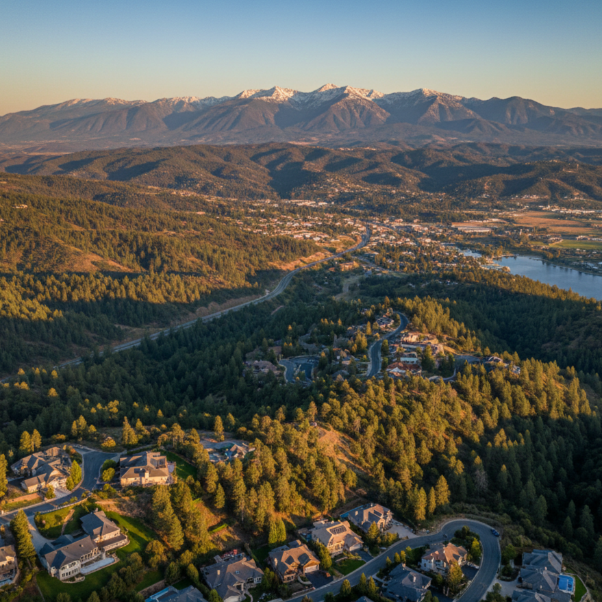 Aerial bird's-eye view of Citrus Heights and Sacramento residential neighborhoods featuring diverse home siding styles and the Highway 80 corridor during sunset.
