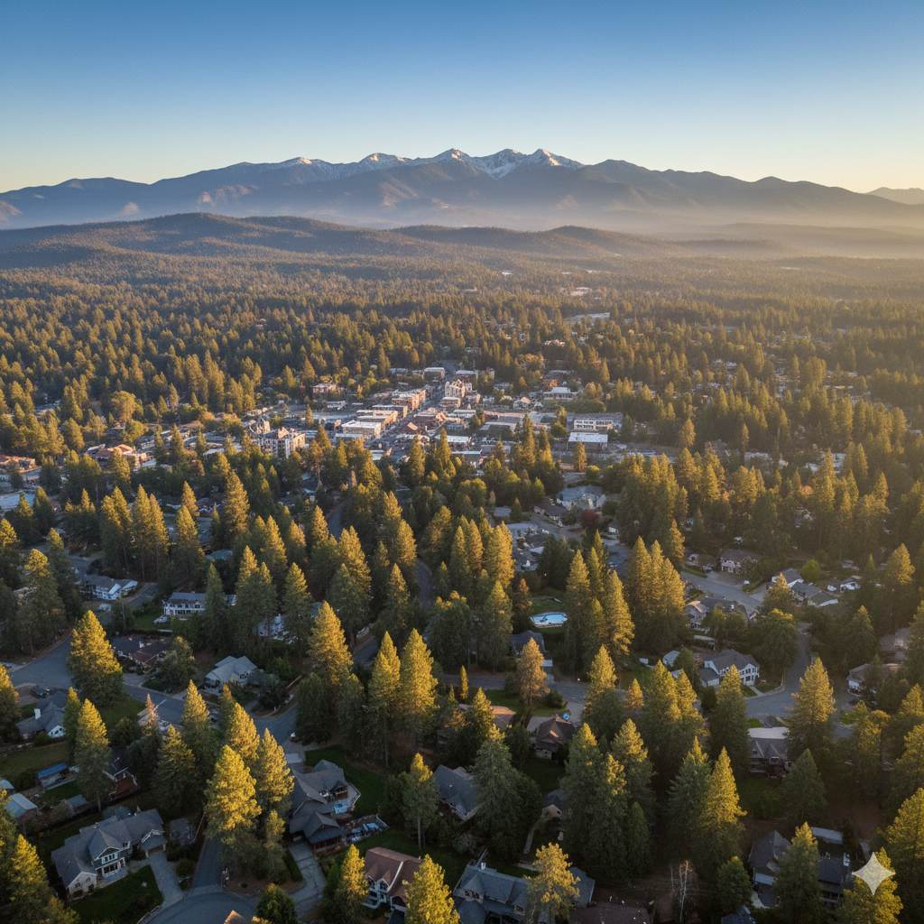 Aerial bird's-eye view of Grass Valley, CA, showing residential neighborhoods tucked into the pine forests of the Sierra Nevada foothills, highlighting the importance of wildfire-resistant siding.