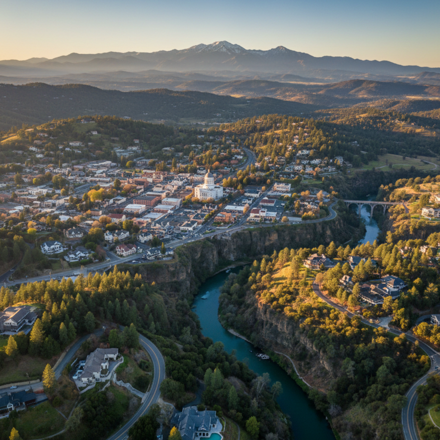 Aerial view of Auburn, CA, featuring the historic Placer County Courthouse and residential neighborhoods with durable fiber cement siding in the Sierra Nevada foothills.