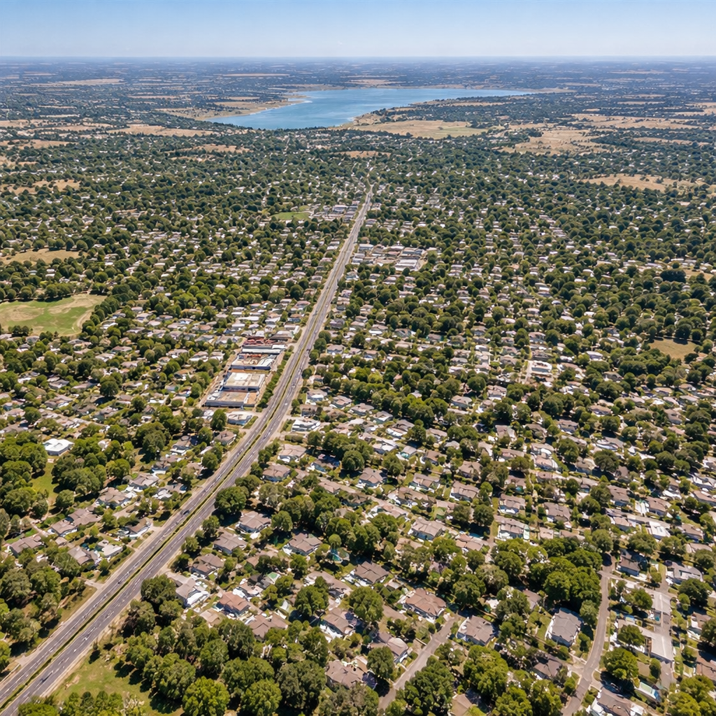 Bird’s eye aerial view of Orangevale, California showing residential neighborhoods, tree-lined streets, Folsom Lake area, and surrounding suburban landscape.