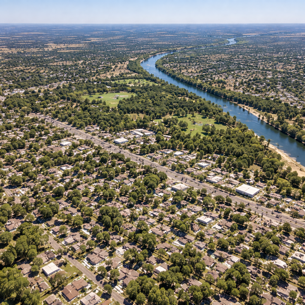Bird’s eye aerial view of Carmichael, California showing residential neighborhoods, tree-lined streets, Ancil Hoffman Park, and the American River.