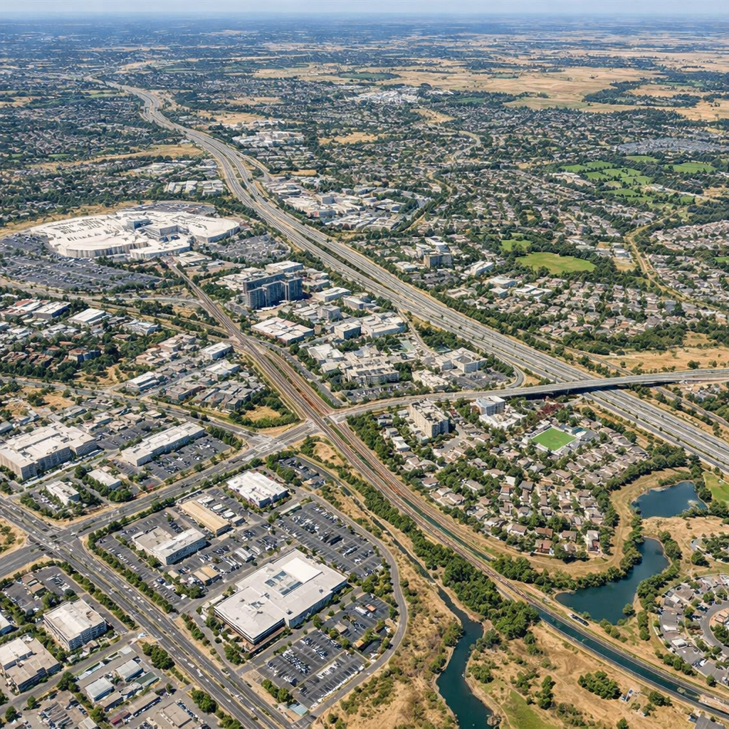 Bird’s eye aerial view of Roseville, California showing downtown, Westfield Galleria mall, residential neighborhoods, highways, and surrounding landscape.