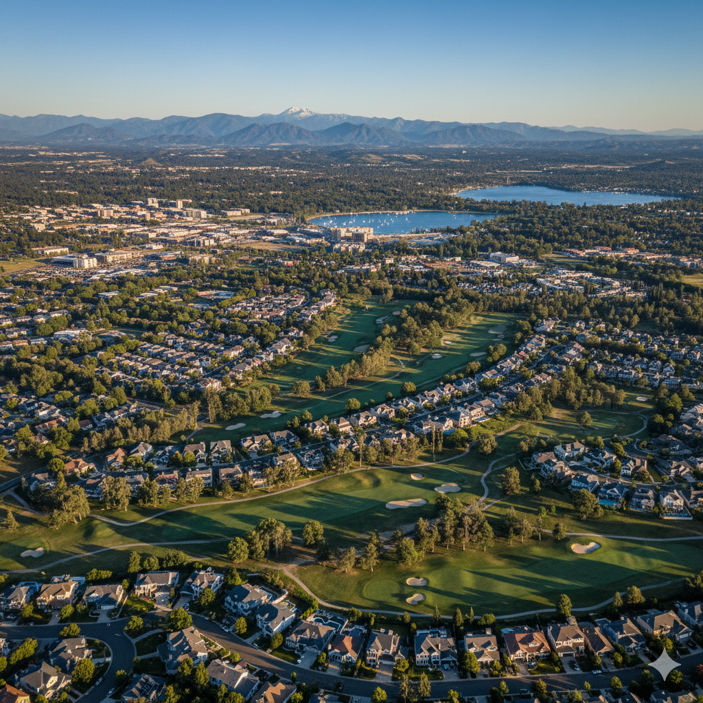 Aerial bird's-eye view of Folsom, California, showing the Empire Ranch golf course community and high-end residential homes with modern fiber cement siding.