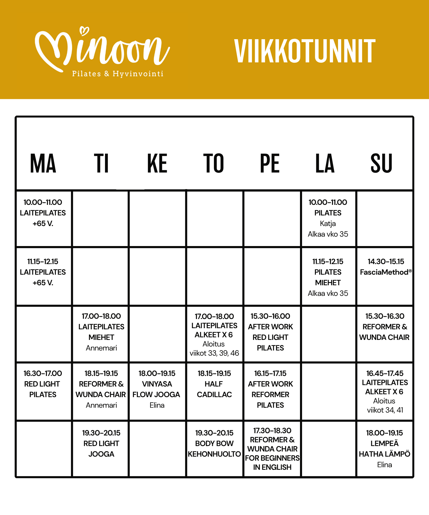 Minoon Studio Seinäjoki viikkotunnit pilates ja jooga