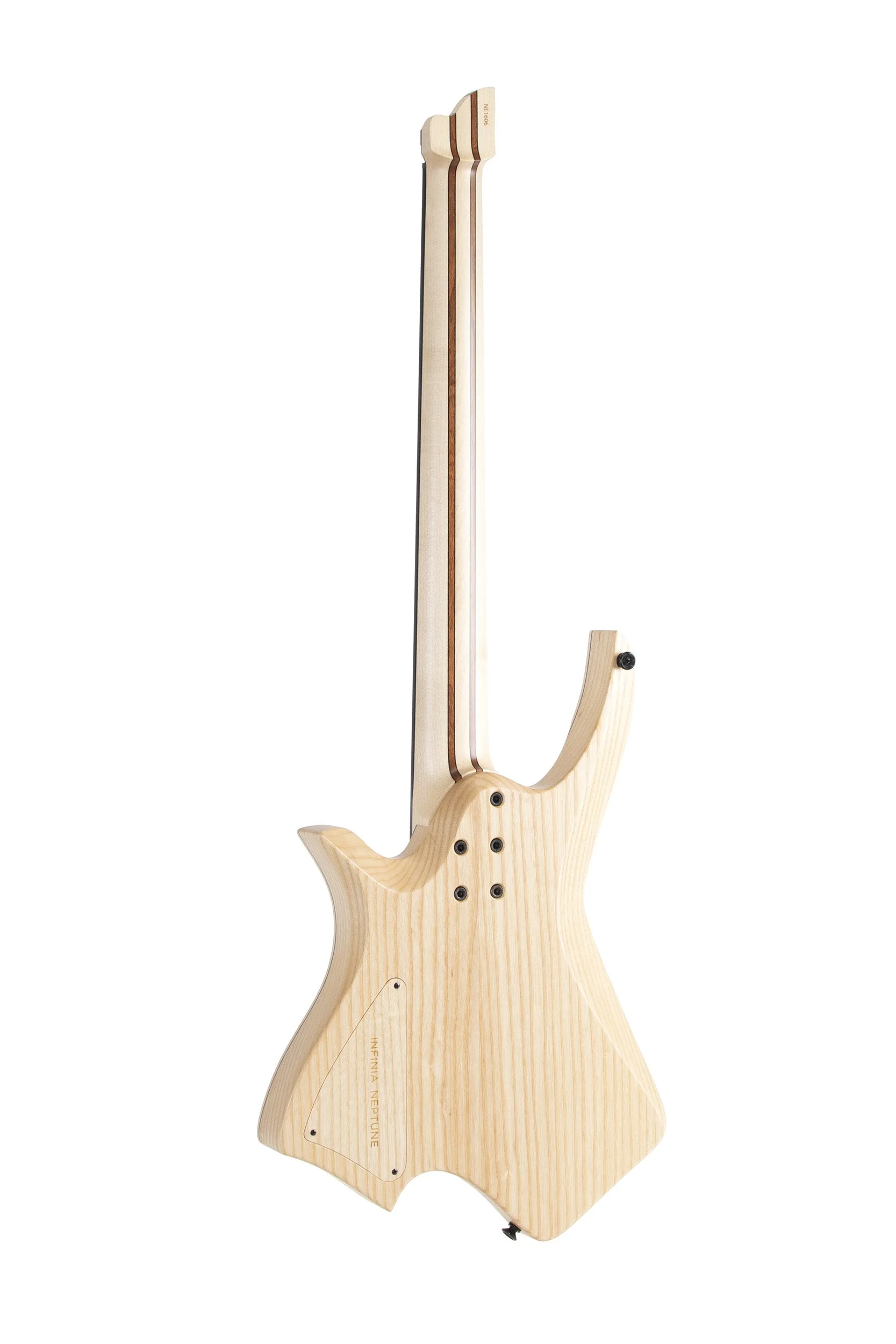Rear view of Infinia Neptune NE1606 showing the natural ash back and nine-piece bolt-on neck