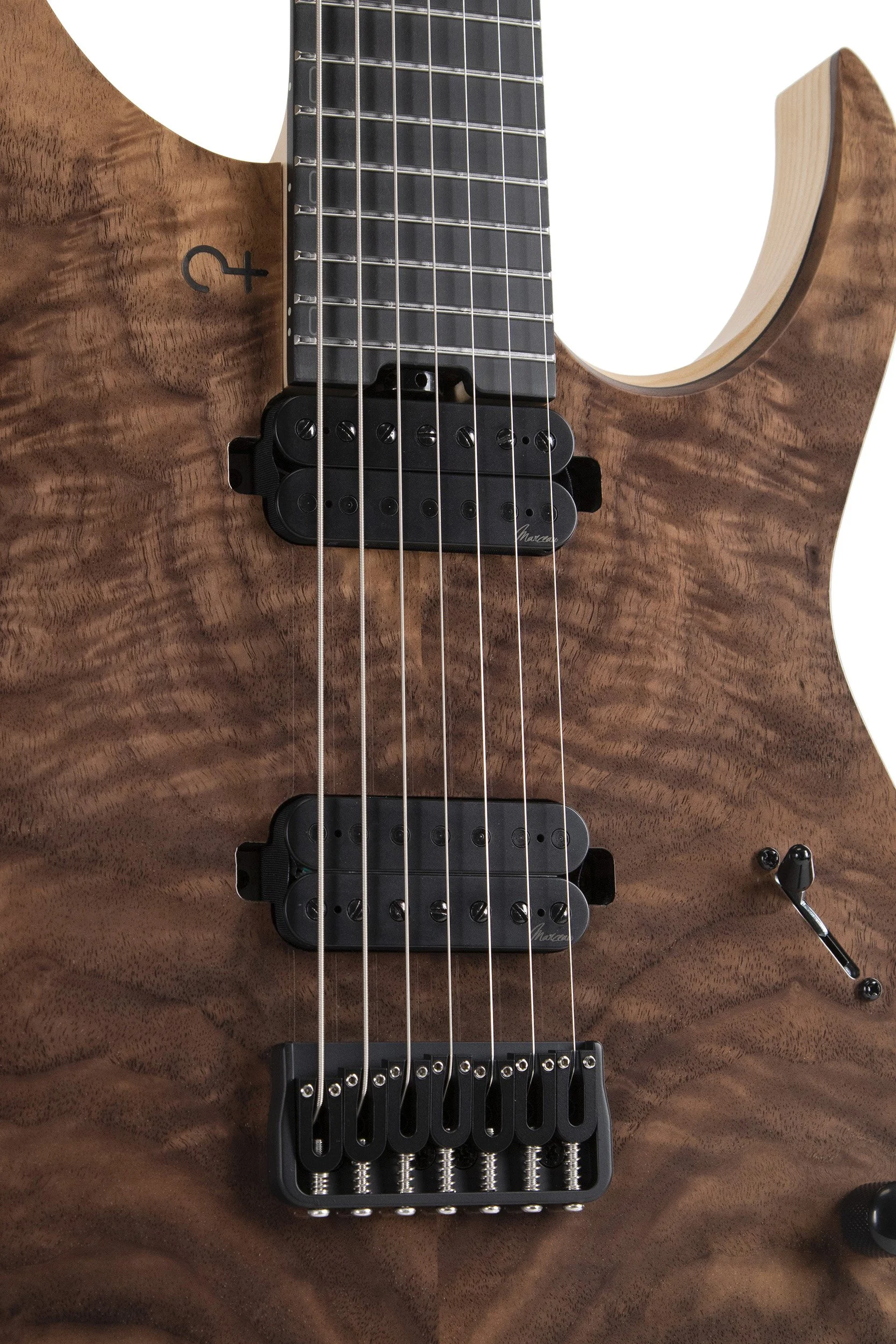 Infinia Ceres CE7606 body details with black hardware and Icarus / Nautilus pickups