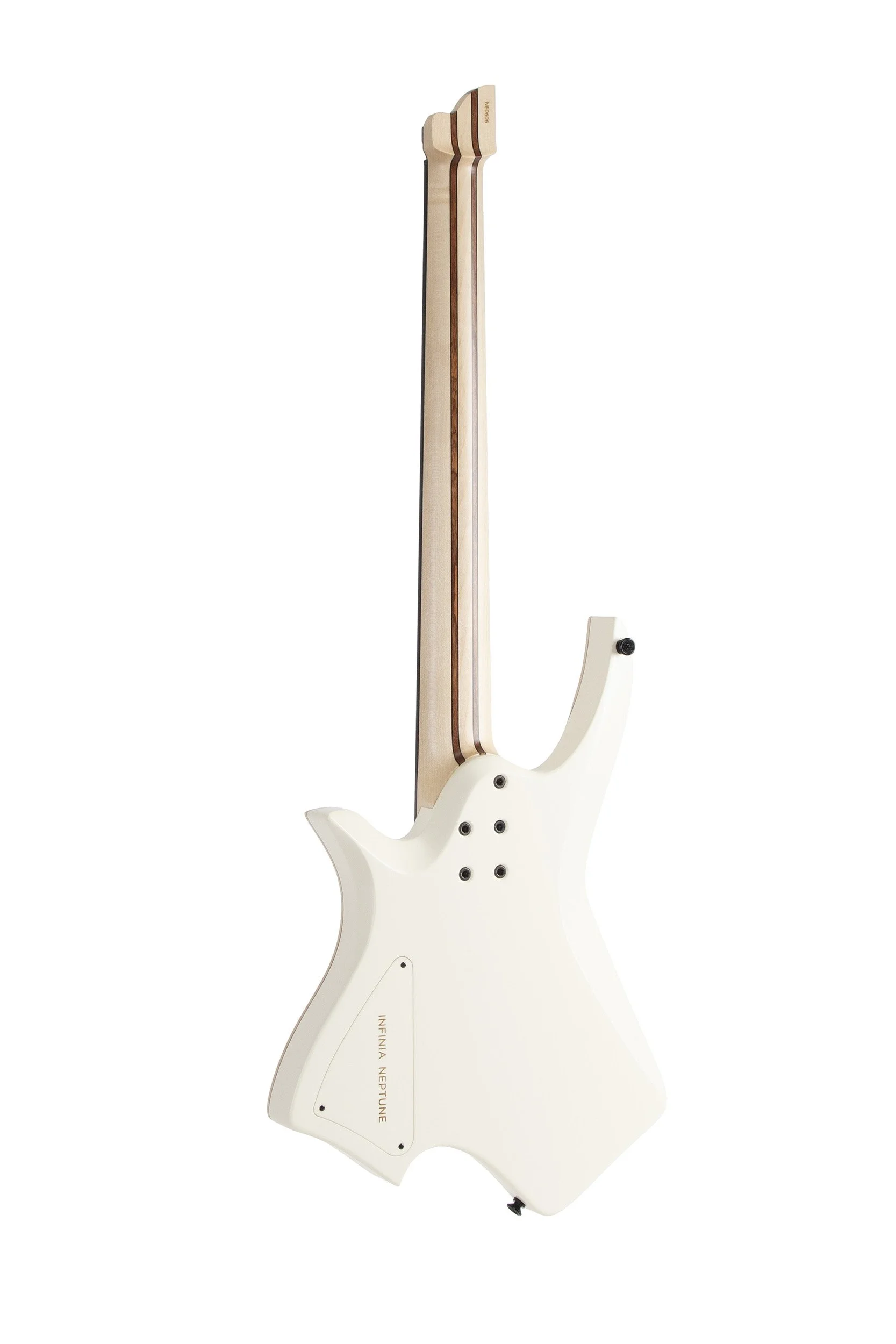 Rear view of Infinia Neptune NE0606 showing the creme back and nine-piece bolt-on neck