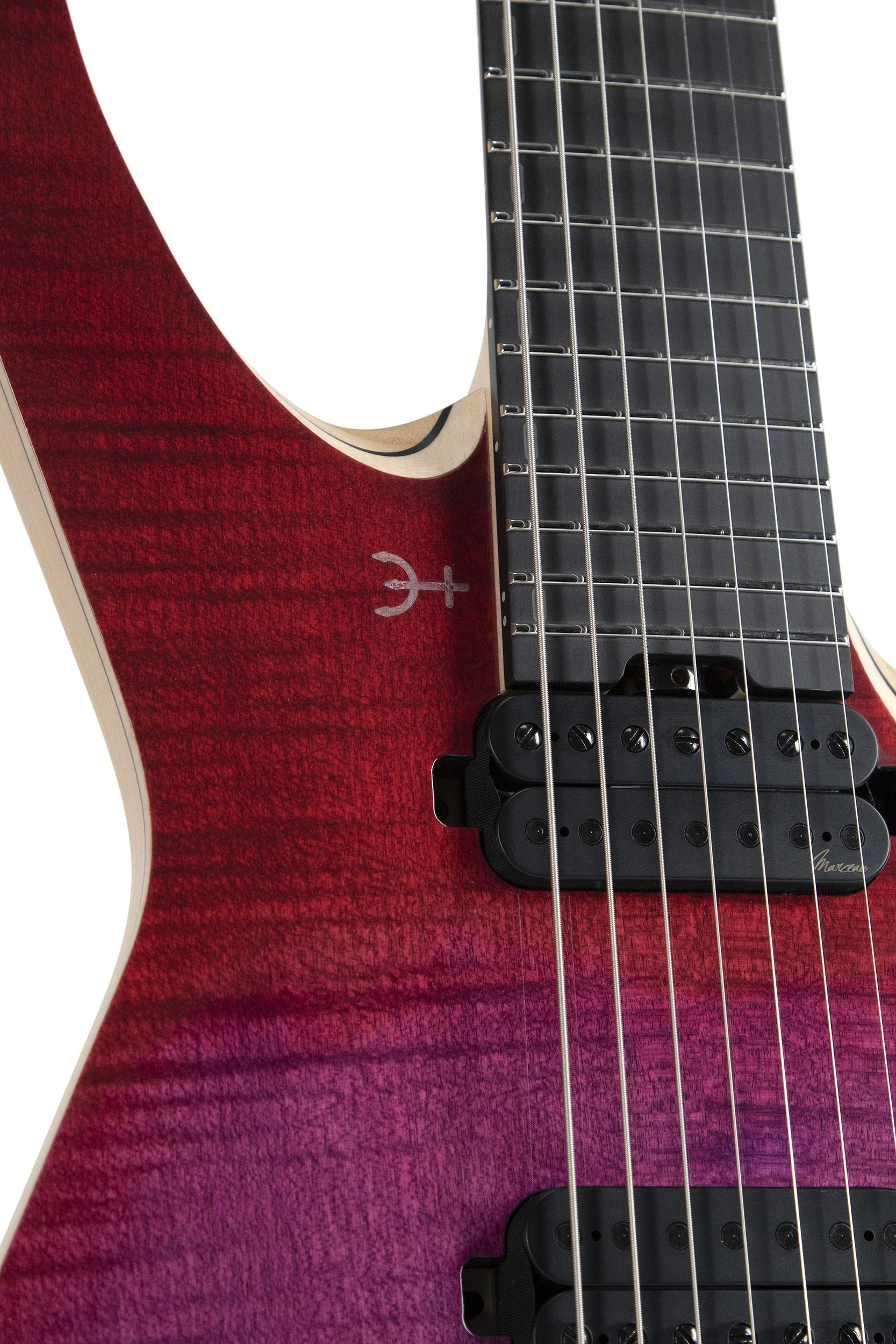 Black Richlite fretboard and pickups of the Infinia Neptune NE5305 7-string guitar