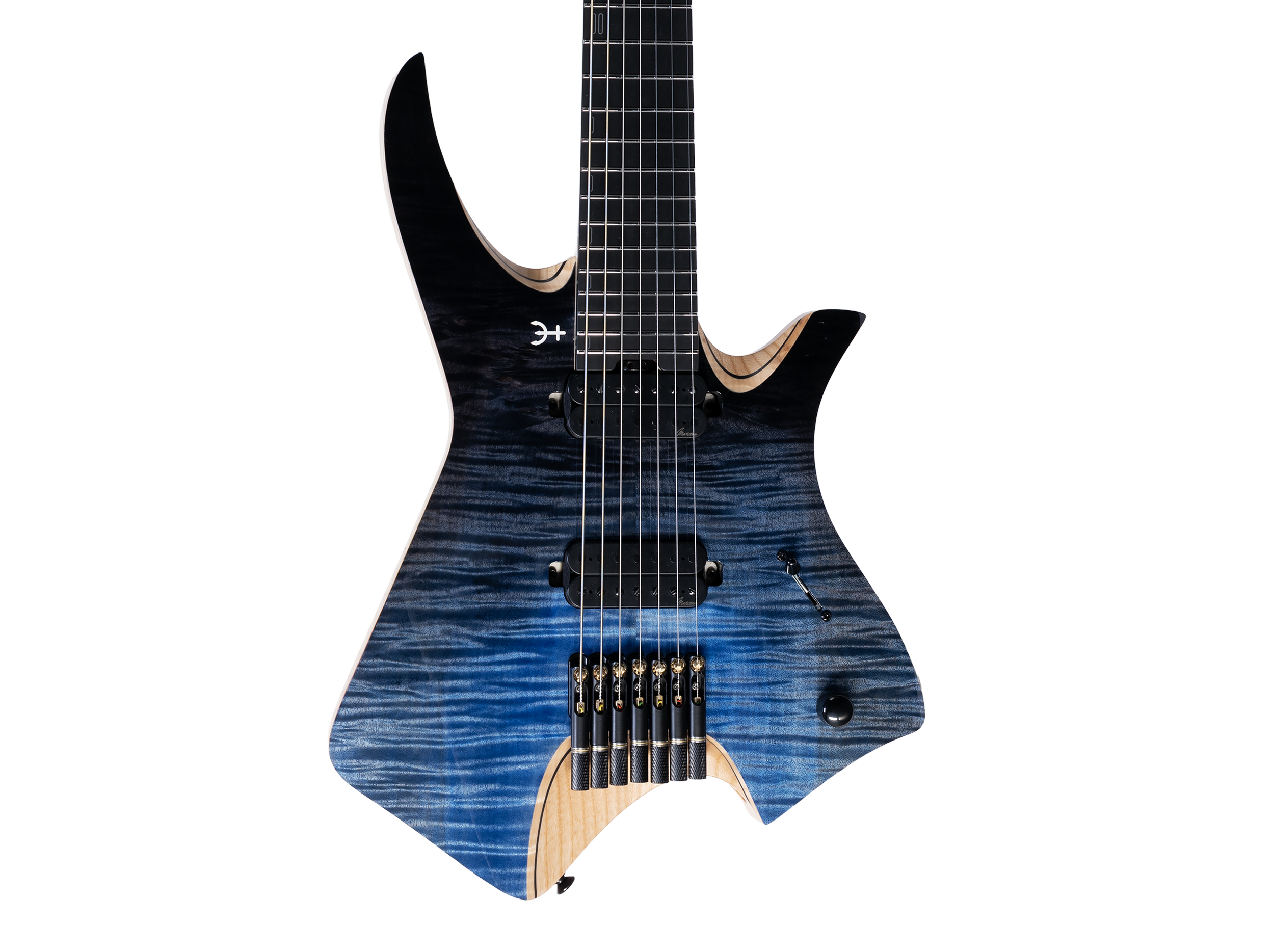 An electric guitar with a sleek black and blue finish, multiple pickups, and a detailed fretboard.