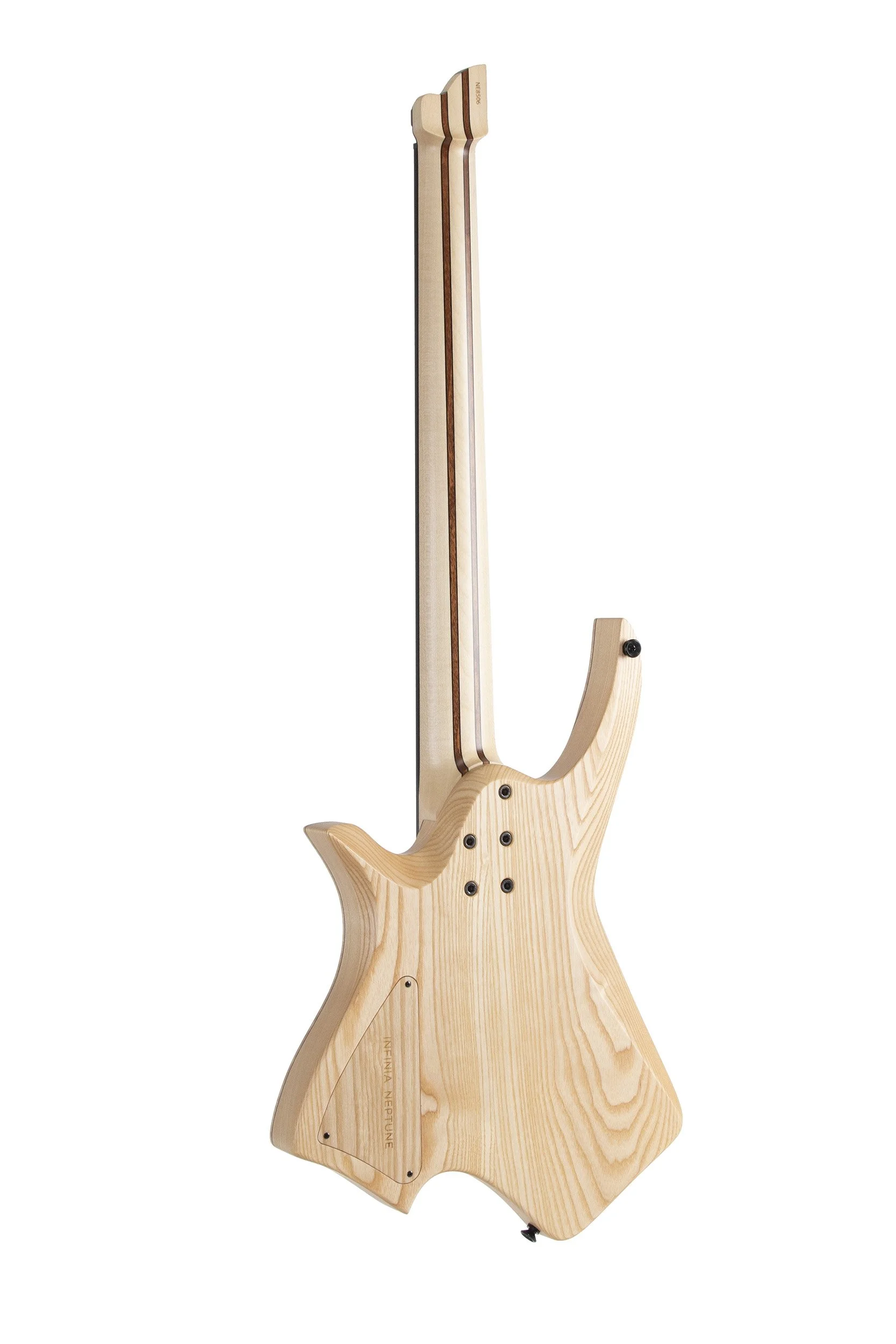 Rear view of Infinia Neptune NE8506 showing the natural ash back and nine-piece bolt-on neck