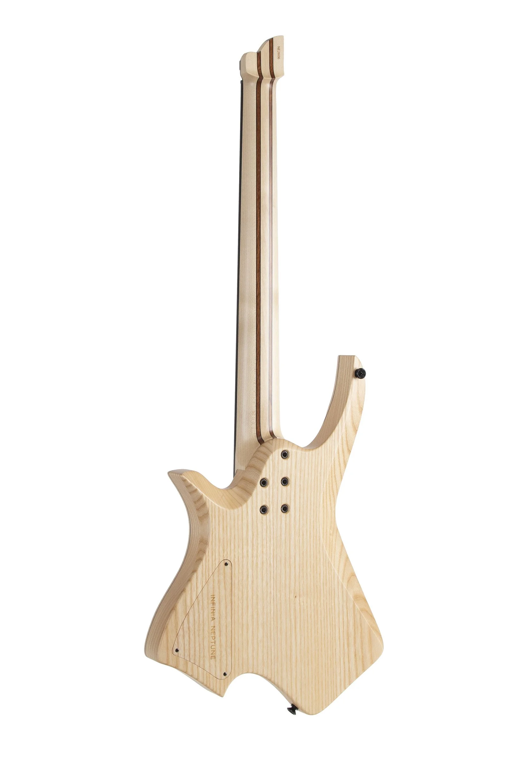 Rear view of Infinia Neptune NE2606 showing the natural ash back and nine-piece bolt-on neck