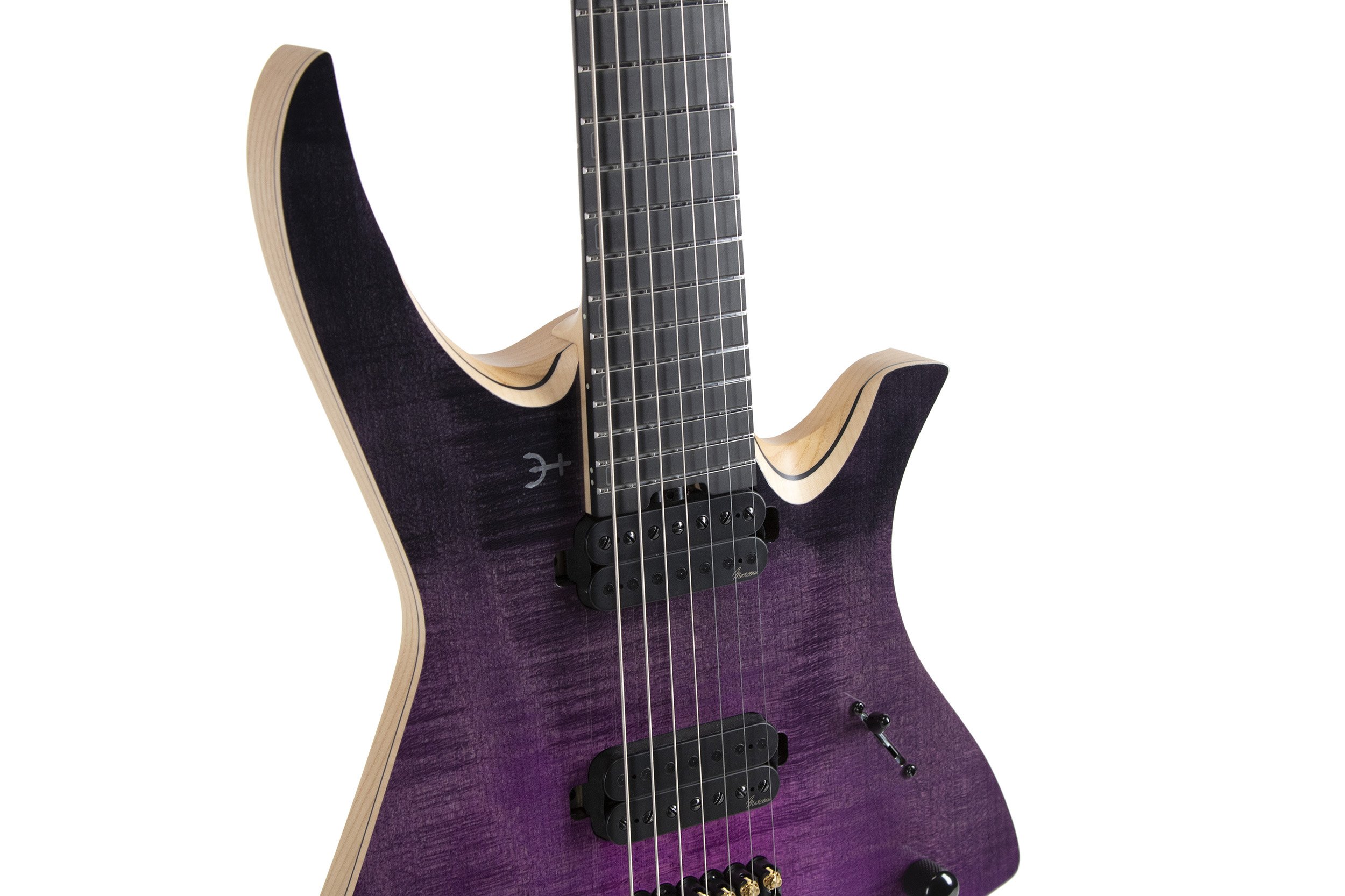 Infinia Neptune NE1606 body detail with black hardware and Icarus and Nautilus pickups