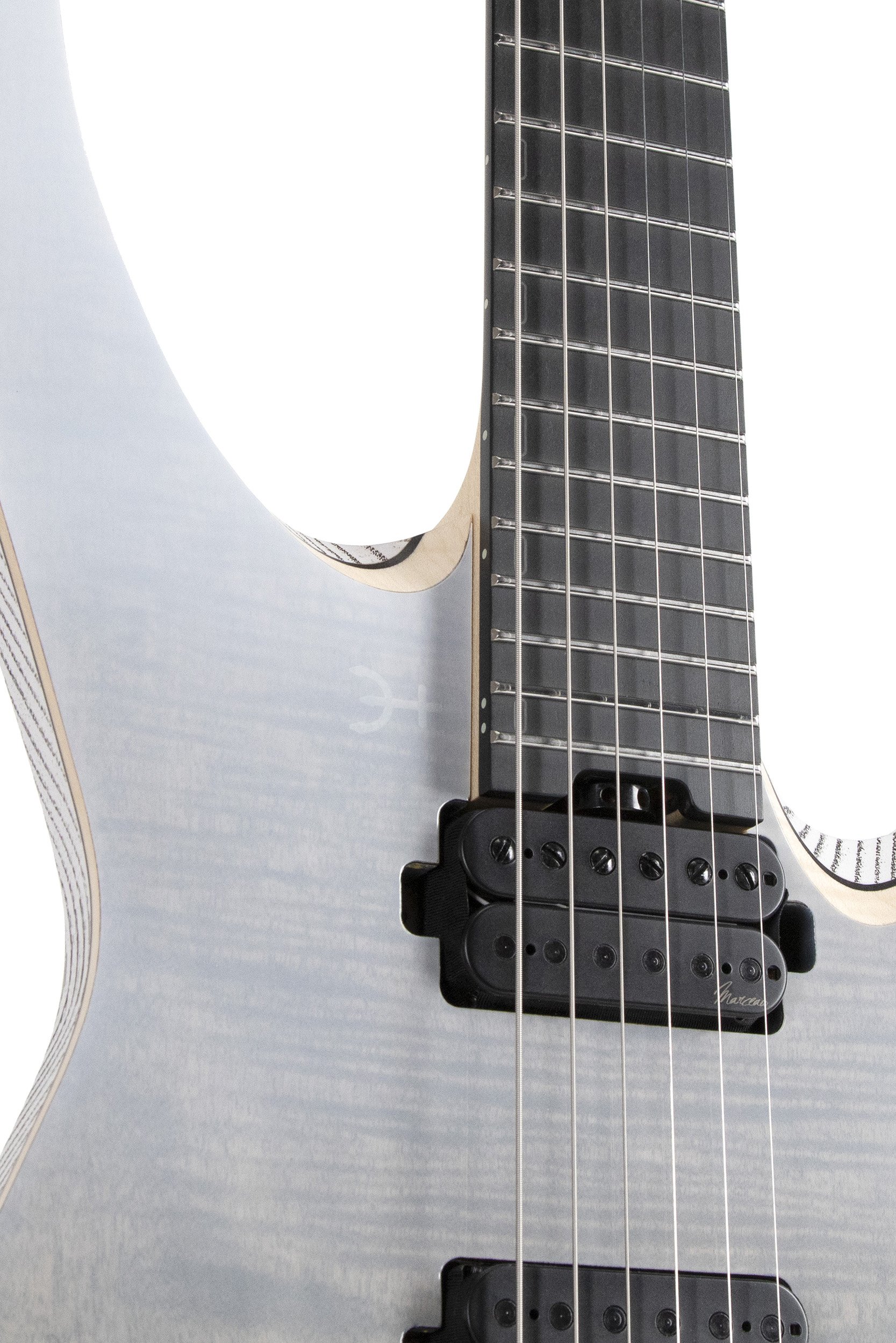 Infinia Neptune NE6506 body detail with black hardware and Icarus and Nautilus pickups
