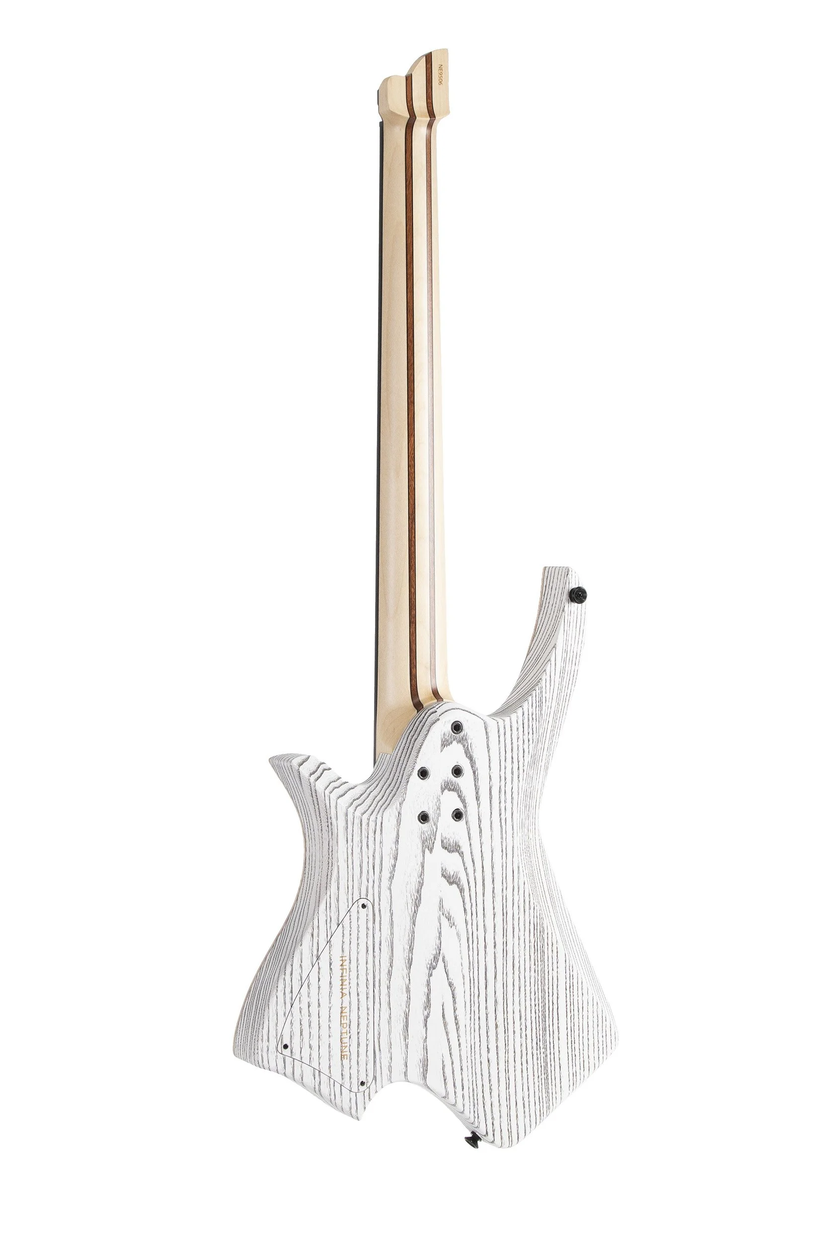Rear view of Infinia Neptune NE9506 showing the white ash back with black pores and nine-piece bolt-on neck