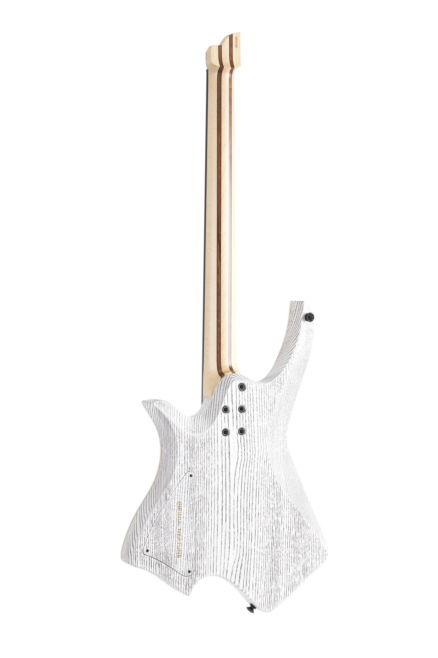 Rear view of Infinia Neptune NE6506 showing the white ash back with black pores and nine-piece bolt-on neck