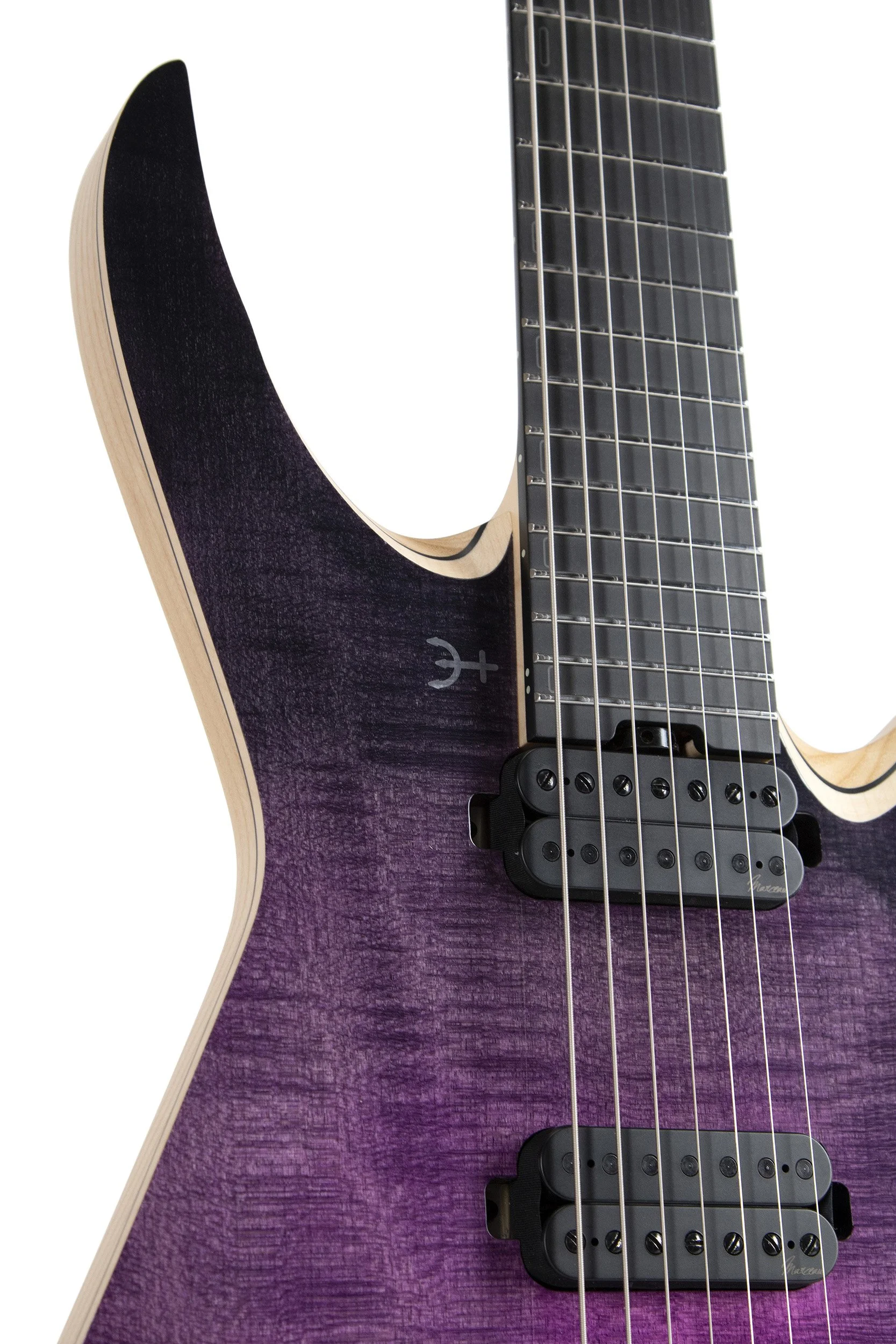 Black Richlite fretboard and pickups of the Infinia Neptune NE1606 7-string guitar