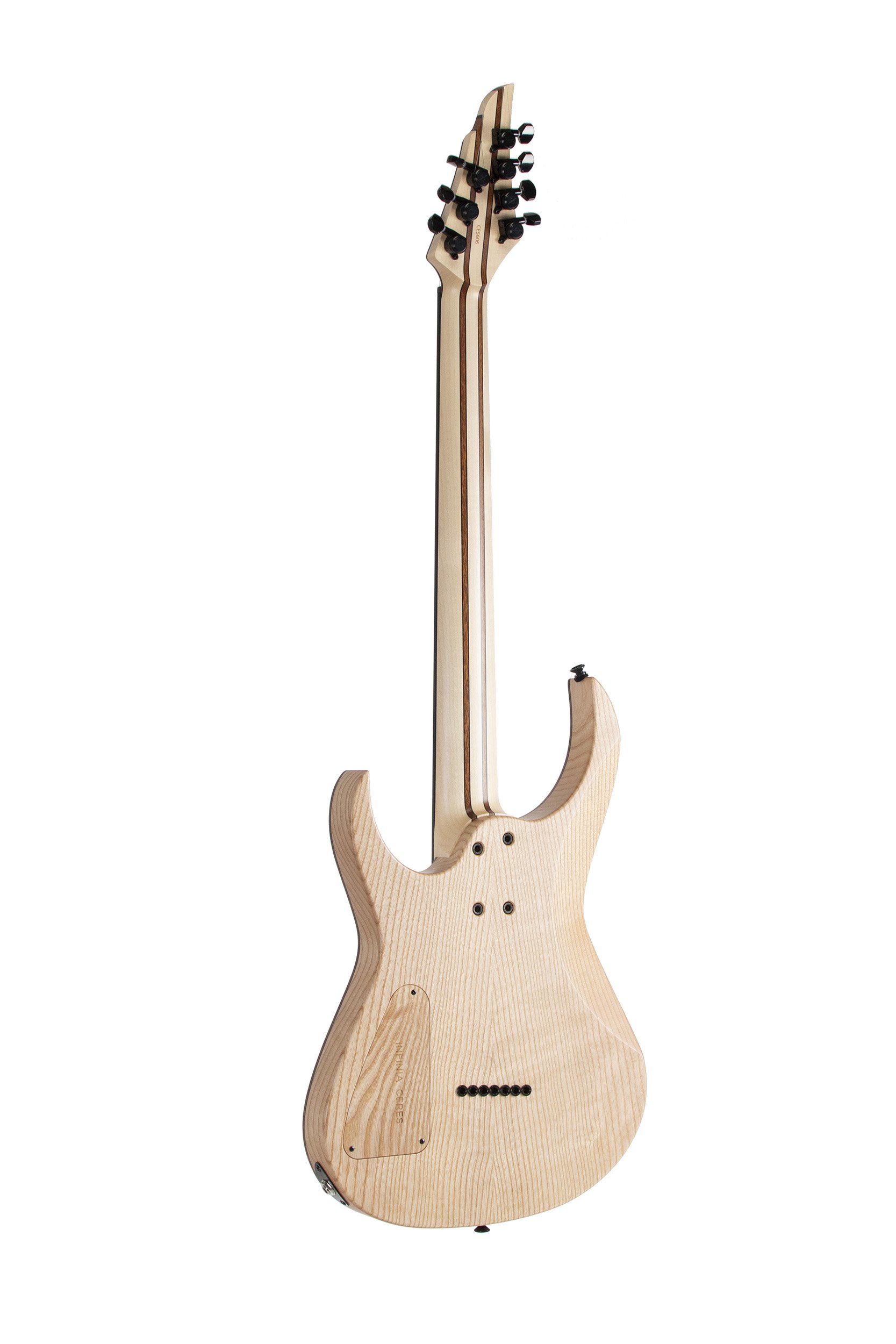 Rear view of Infinia Ceres CE5606 showing the natural ash back and nine-piece bolt-on neck