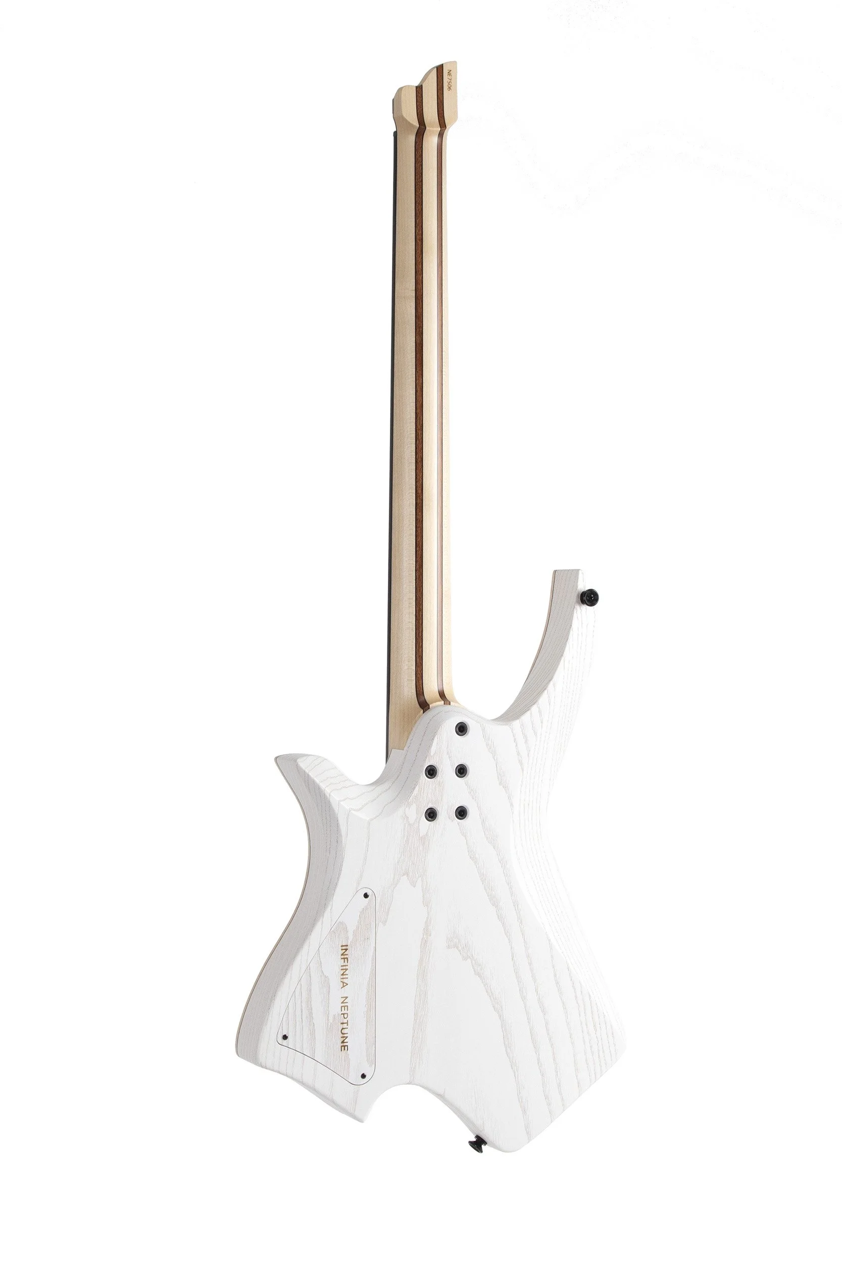 Rear view of Infinia Neptune NE7506 showing the white ash back with open pores and nine-piece bolt-on neck