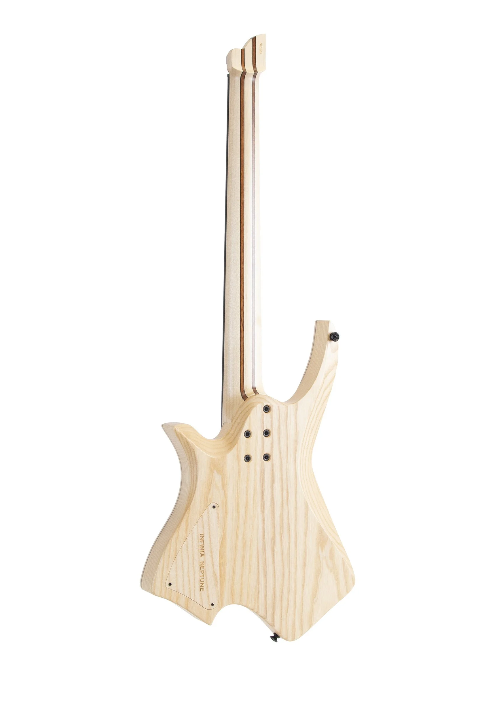 Rear view of Infinia Neptune NE5305 showing the natural ash back and nine-piece bolt-on neck
