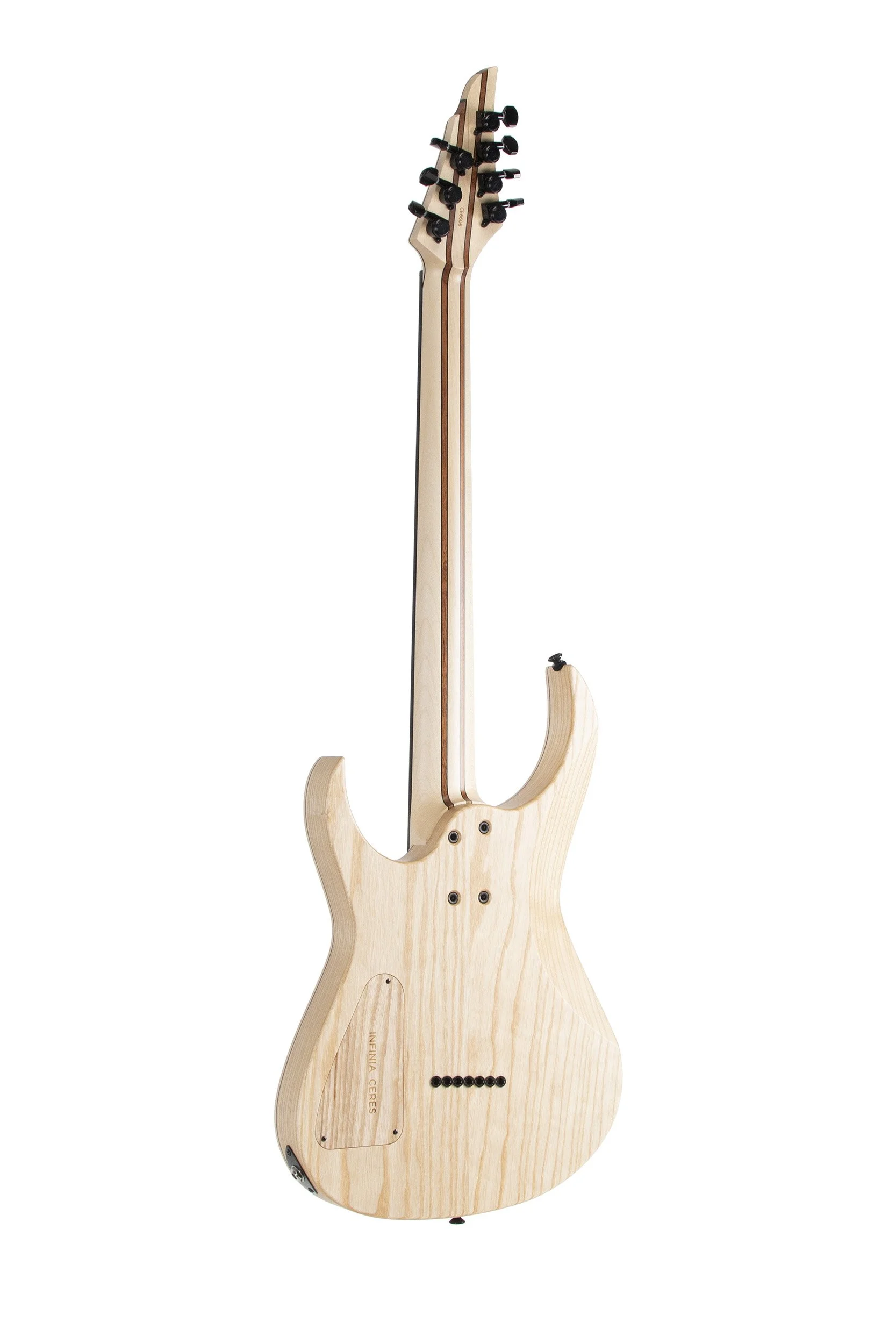 Rear view of Infinia Ceres CE6606 showing the natural ash back and nine-piece bolt-on neck