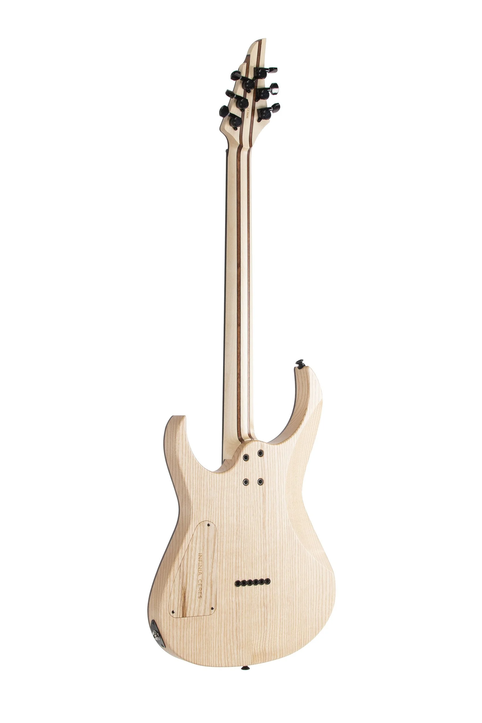 Rear view of Infinia Ceres CE3606 showing the natural ash back and nine-piece bolt-on neck