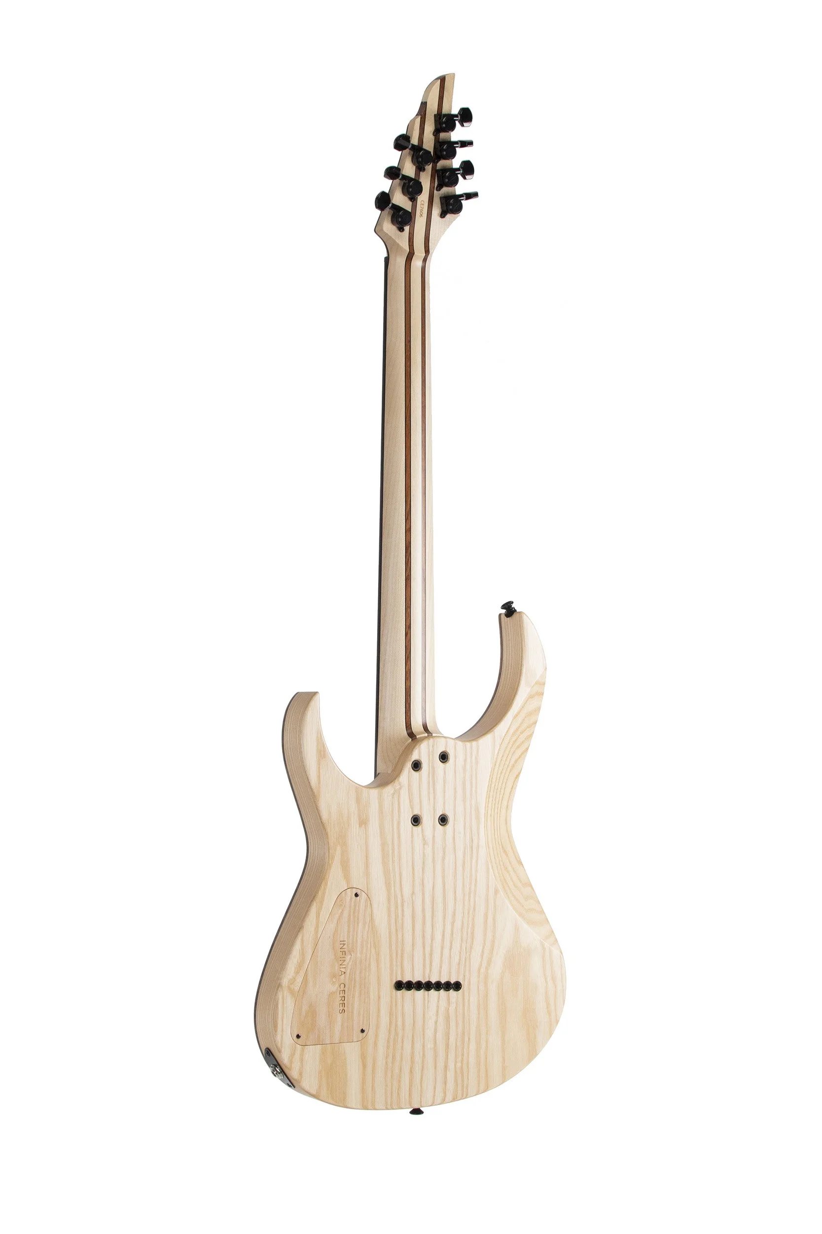 Rear view of Infinia Ceres CE7606 showing the natural ash back and nine-piece bolt-on neck
