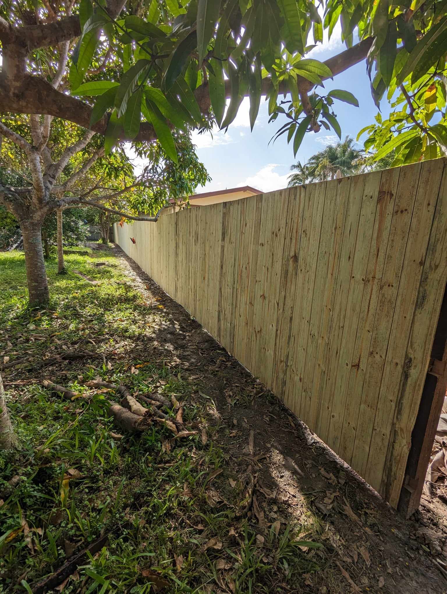 Wooden fence along a garden path with trees and foliage.
