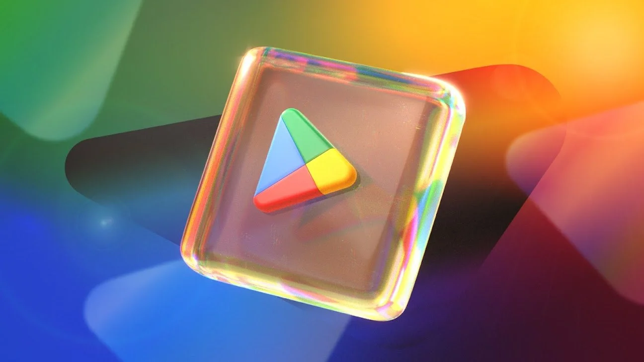 Colorful icon of the Google Play Store app in a shiny, reflective square on a rainbow gradient background.