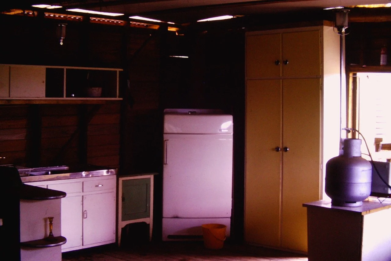 Interior of a rustic kitchen with wood-paneled walls, a yellow cabinet, a white refrigerator, and a propane tank.