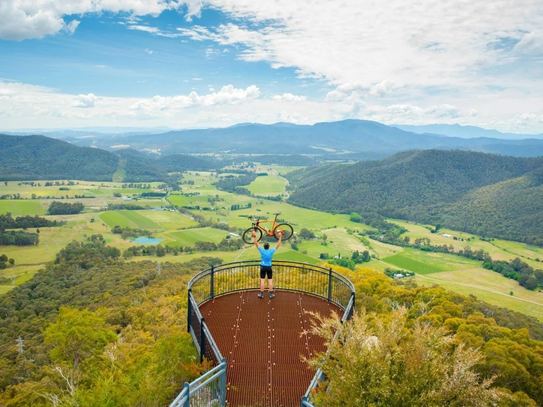 Person standing on a viewing platform holding a bicycle up in the air in a scenic mountain valley landscape.