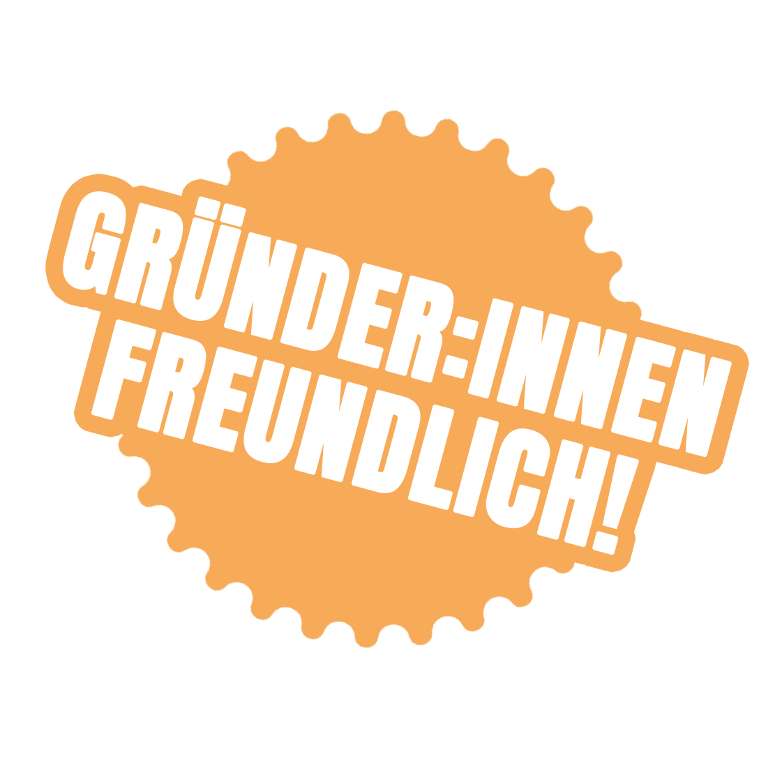 Illustration mit dem Schriftzug "Gründer:innen freundlich!" in weißer Schrift auf einem orangefarbenen Hintergrund.
