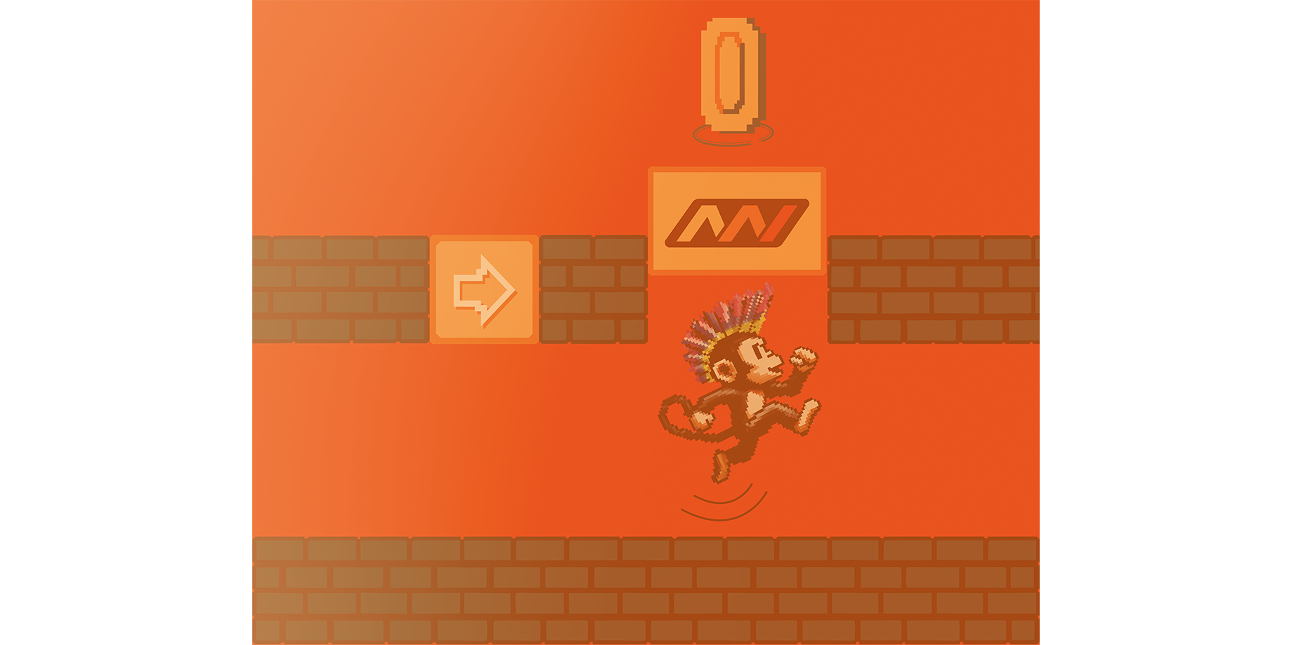 Pixelkunst mit einem Affen, der springt. Ein Ziegelsteinhintergrund in Orange, mit einem Münzsymbol und einem Pfeil im Hintergrund.