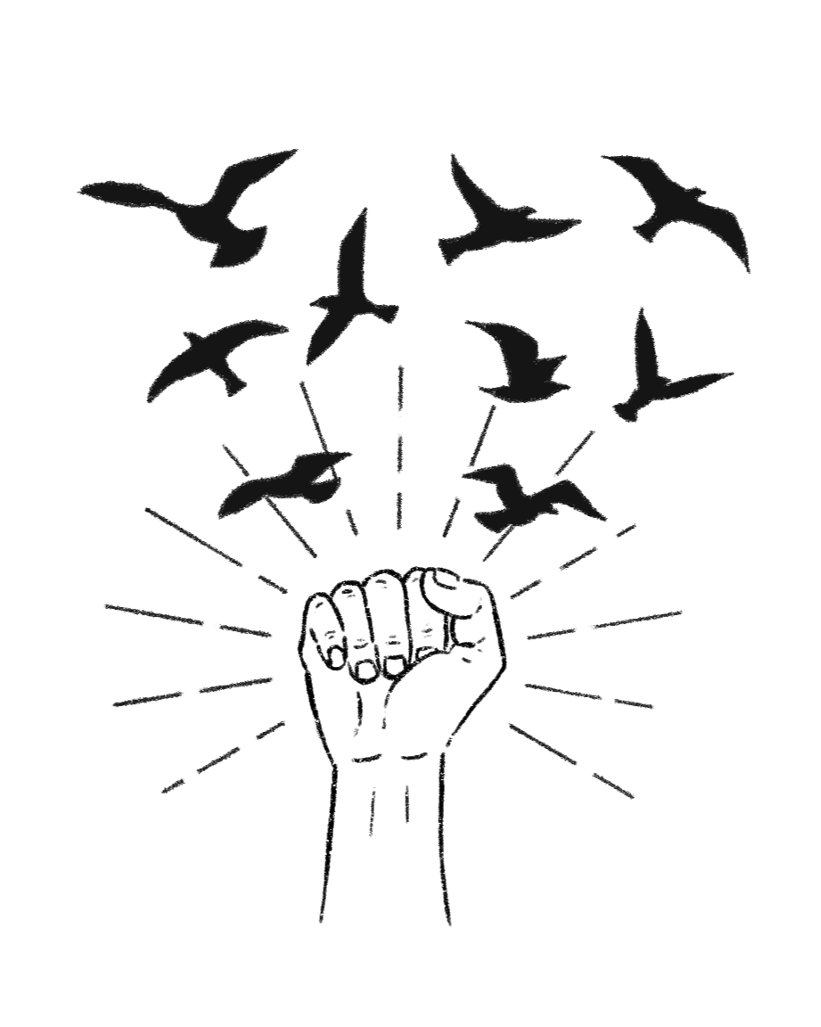 A black and white illustration of a raised fist with ten flying birds above it, radio waves emanating from the fist.