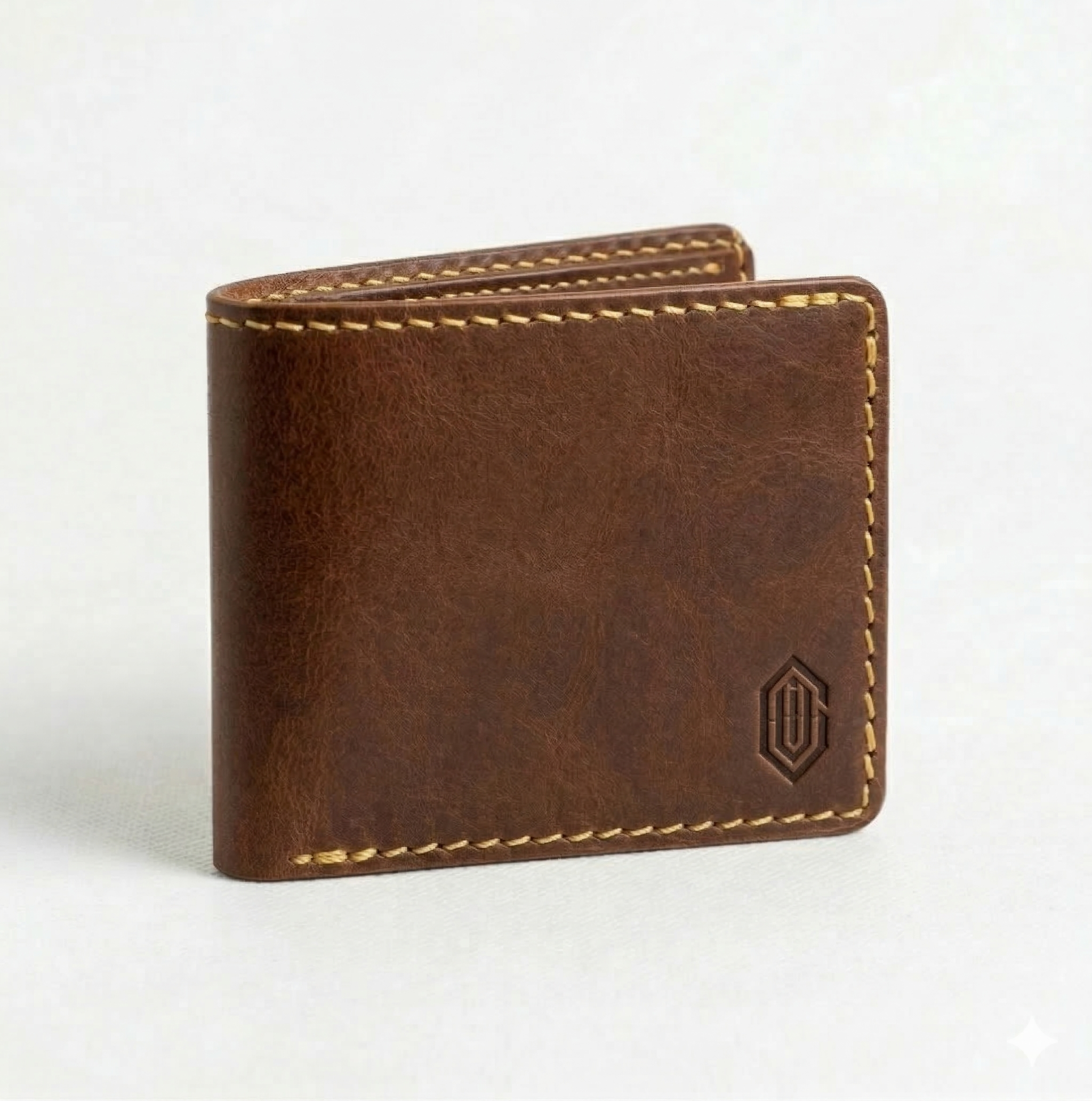 Brown leather wallet with beige stitching and embossed logo on bottom right corner, placed on a white surface.