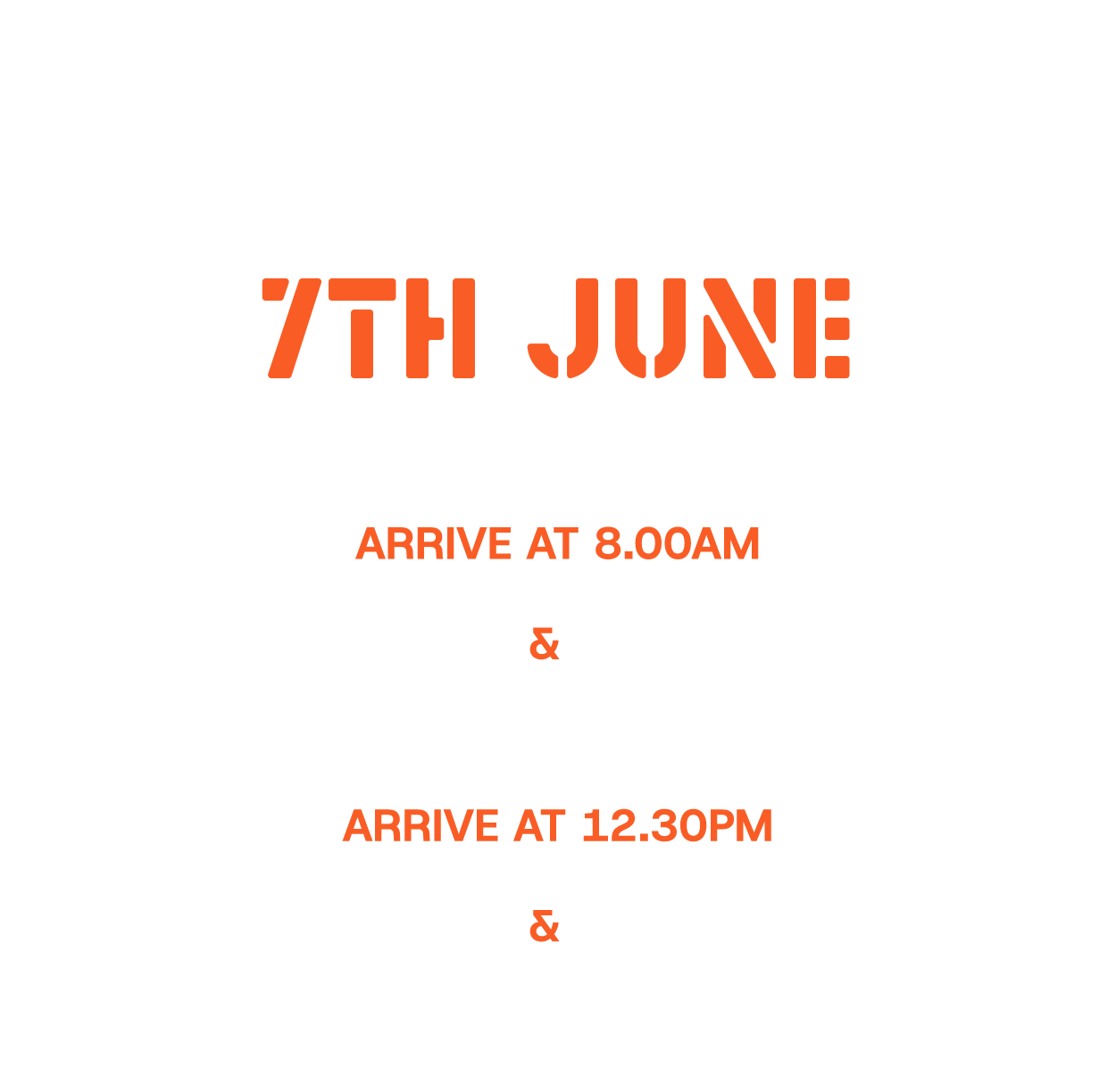 Schedule for Sunday, June 7th, featuring a morning session arriving at 8:00 AM for U8 and U12 categories, and an afternoon session arriving at 12:30 PM for U13 and U10 categories, with a black background and white and orange text.