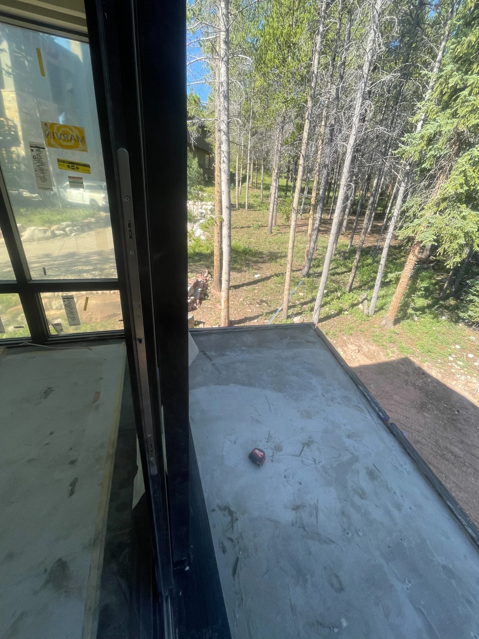 View from a balcony or deck with a concrete floor and glass door, overlooking a forested area with tall trees and dirt ground.