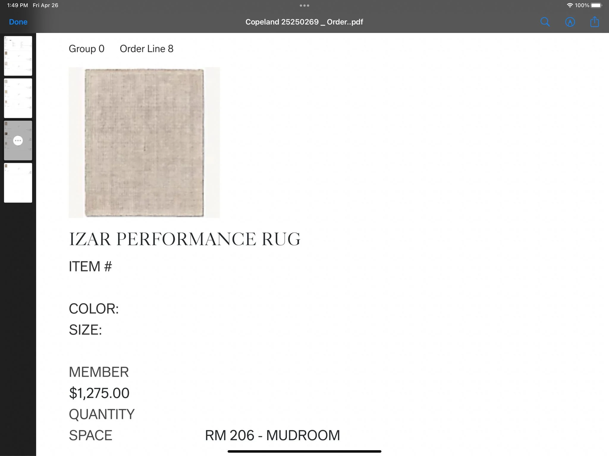 A receipt for the Izar Performance Rug showing item number, color, size, membership price of $1,275.00, quantity, space RM 206 - Mudroom, and picture of the beige rug.