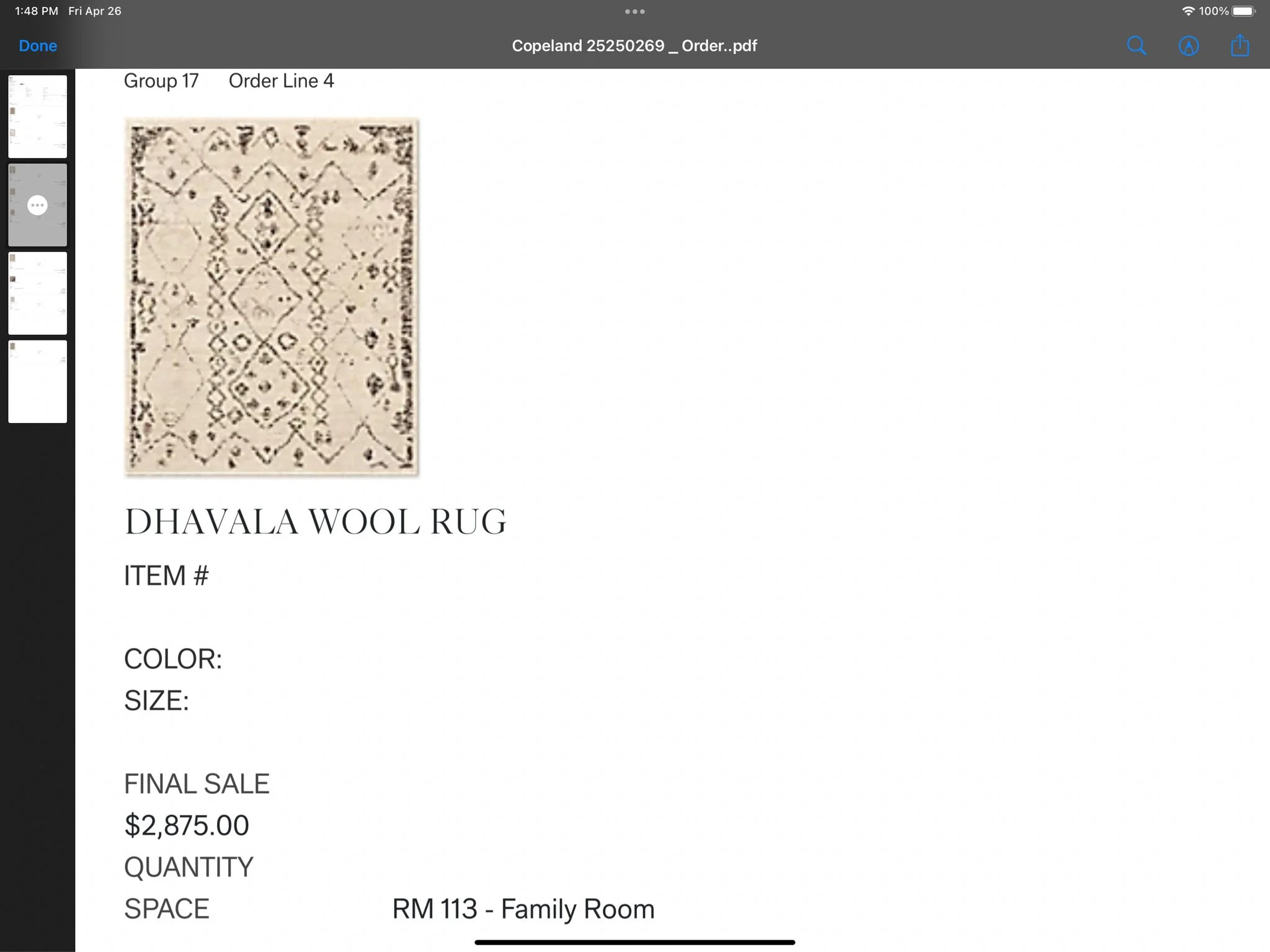 A scanned PDF order form for a Dhavala wool rug, showing a small image of the rug with a traditional geometric pattern, and details including item number, color, size, price, quantity, and location in Room 113 of a family room.
