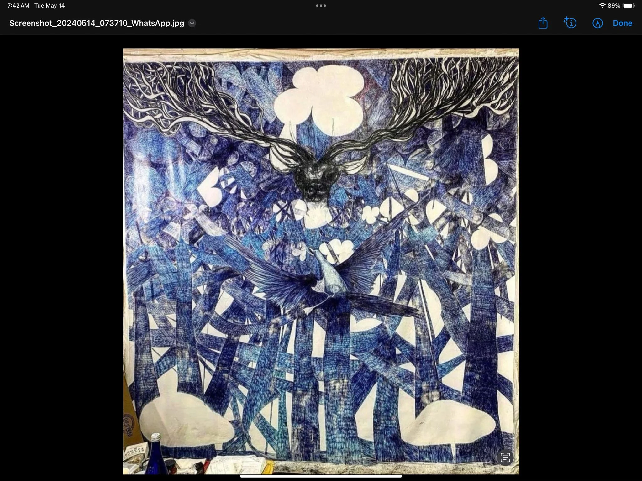 A detailed abstract painting featuring a black cat with flowing, intertwined hair running through a vibrant blue forest, with butterflies and clouds in the background.