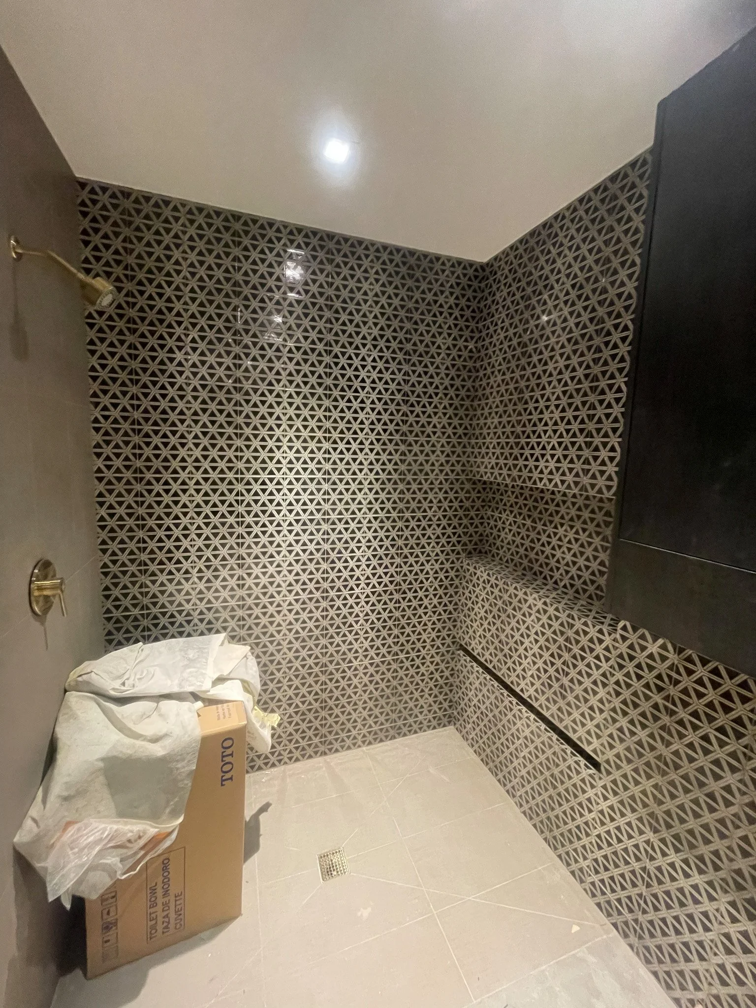 A bathroom shower area with patterned tile walls, a partially visible showerhead, a floor drain, and a cardboard box with a white plastic bag on top.
