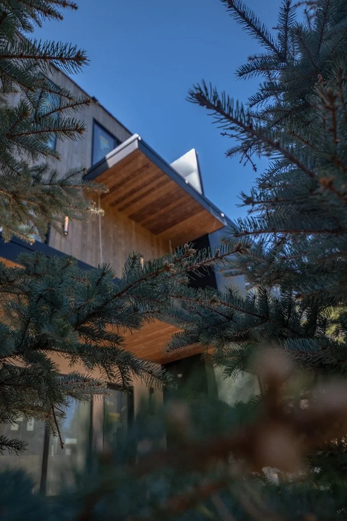View of a modern house with wood accents and a balcony, framed by pine tree branches against a clear blue sky.