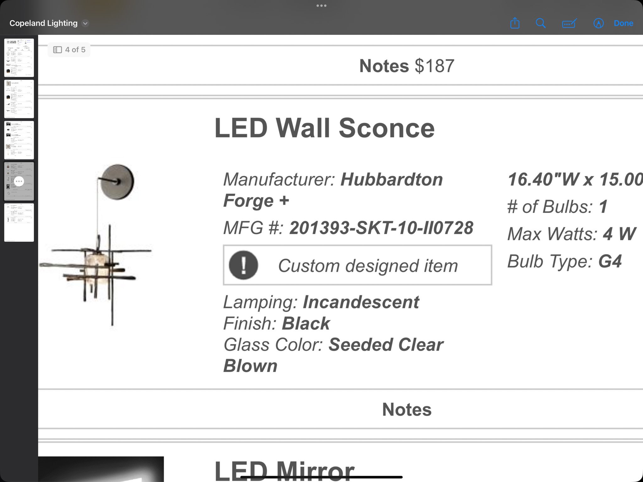 Details of a LED Wall Sconce, including dimensions, manufacturer, model number, bulb specifications, and finish