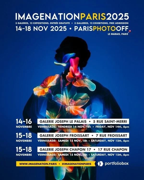 Poster pubblicitario per il festival IMAGENATION PARIS 2025 con date e sedi delle esposizioni e alcuni dettagli dell'evento.