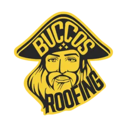 Logo for Buccos Roofing featuring a bearded man with a roofing hat.