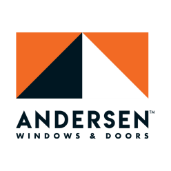 Logo for Andersen Windows & Doors featuring stylized house roof with orange and black sections and the company name below.