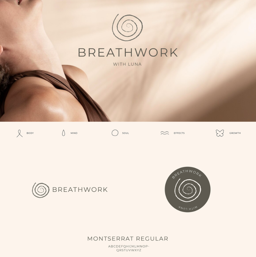 Een website voor een ademhalingsoefening genaamd 'Breathwork', inclusief een logo van een spiraal en opties voor lichaam, geest, ziel, effecten en groei.