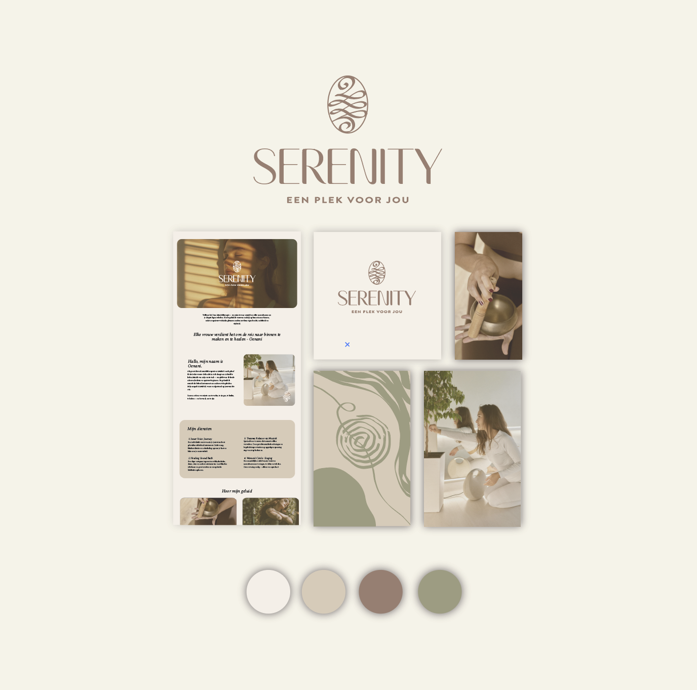 Ontwerp van een branding en marketingpagina voor Serenity, met logo, slogan, enkele foto's van mensen die ontspannen zijn, en kleurschema's in beige, bruin en groen.