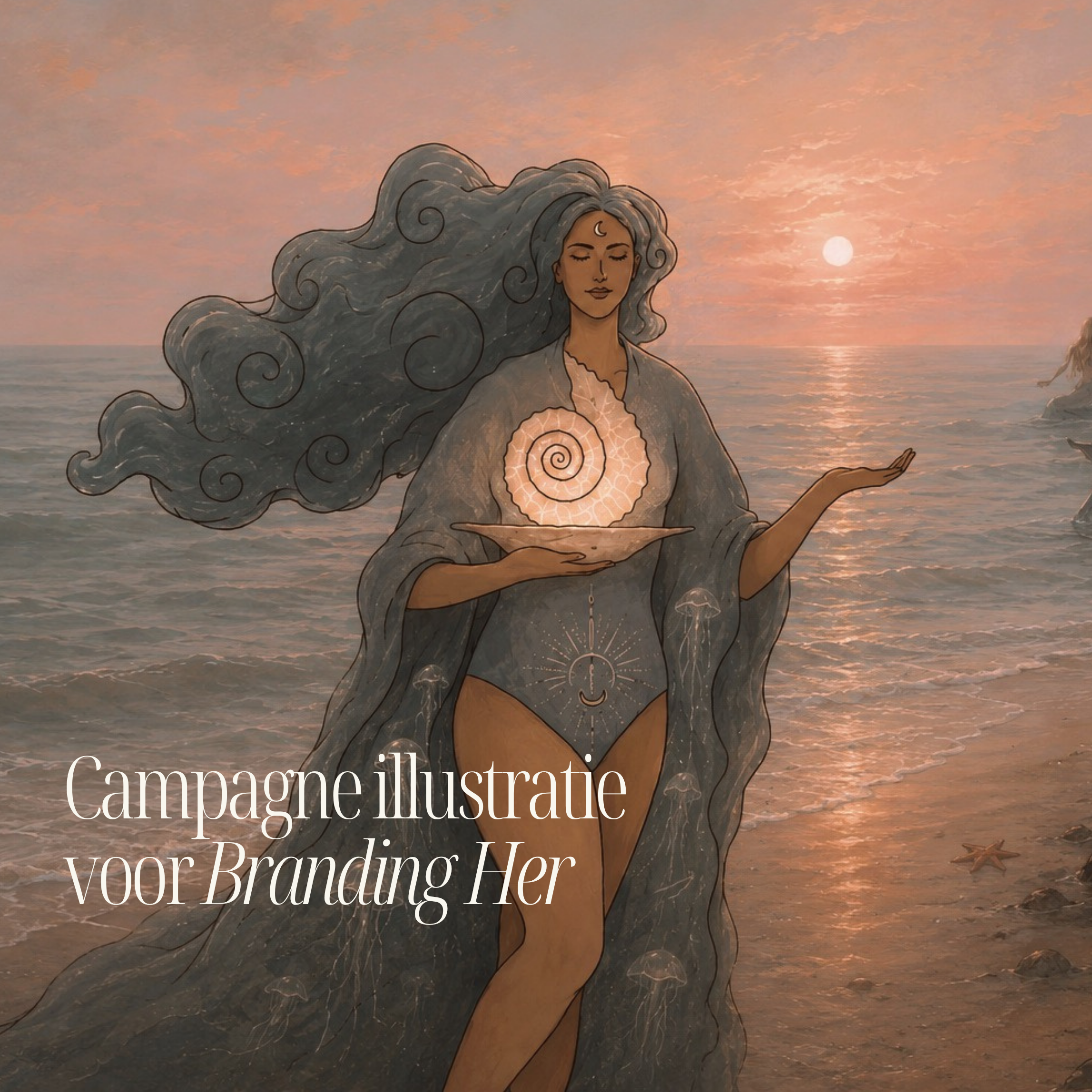 Een illustratie van een vrouw met lang, golvend haar die de zee en de zonsondergang bewondert. De vrouw heeft symbolen op haar lichaam, zoals een spiraal in haar borst en een halve maan op haar voorhoofd, wat een spiritueel of mystiek thema aangeeft.